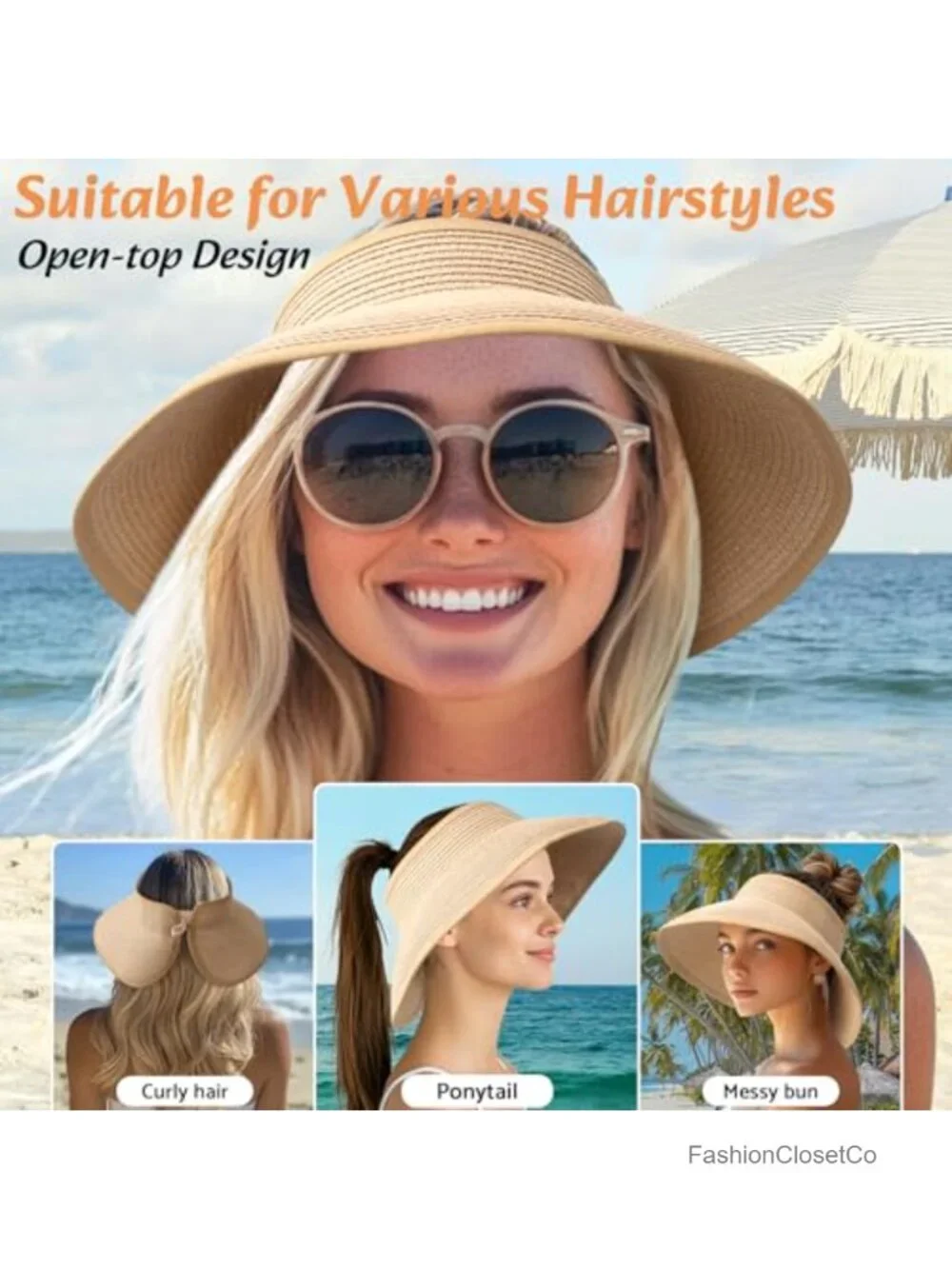 Wide Brim Straw Sun Hat with UPF 50+, Foldable & Packable Ponytail Beach Hat